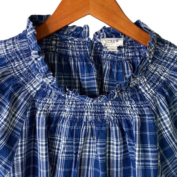 J Crew Plaid Smocked Ruffleneck Top Ansley Blue Wash Ballon 3/4 Sleeve High Neck - Picture 3 of 16